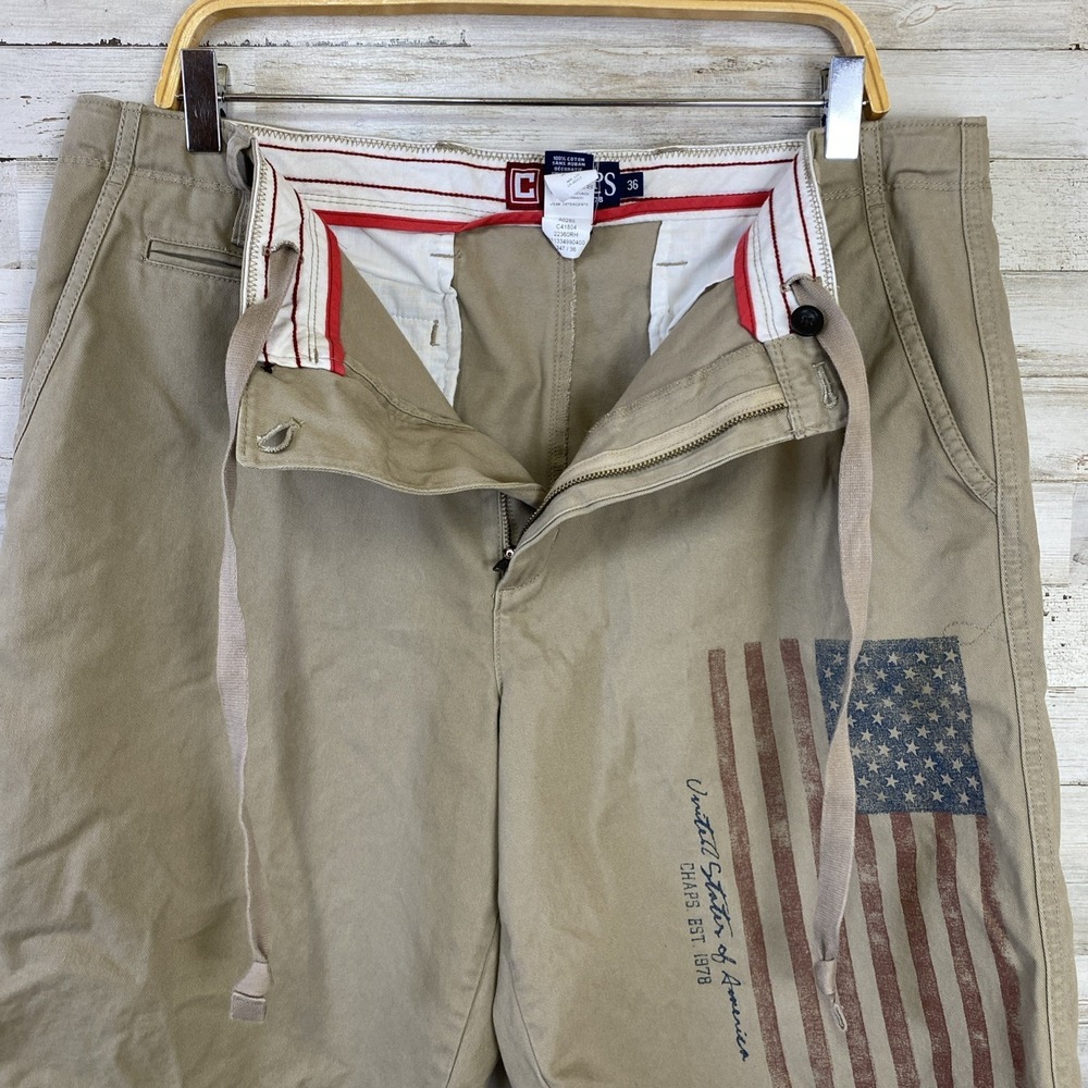 Chaps Shorts Men 36 10" Beige Khaki Zip & Drawstring 100% Cotton American Flag - Picture 4 of 11